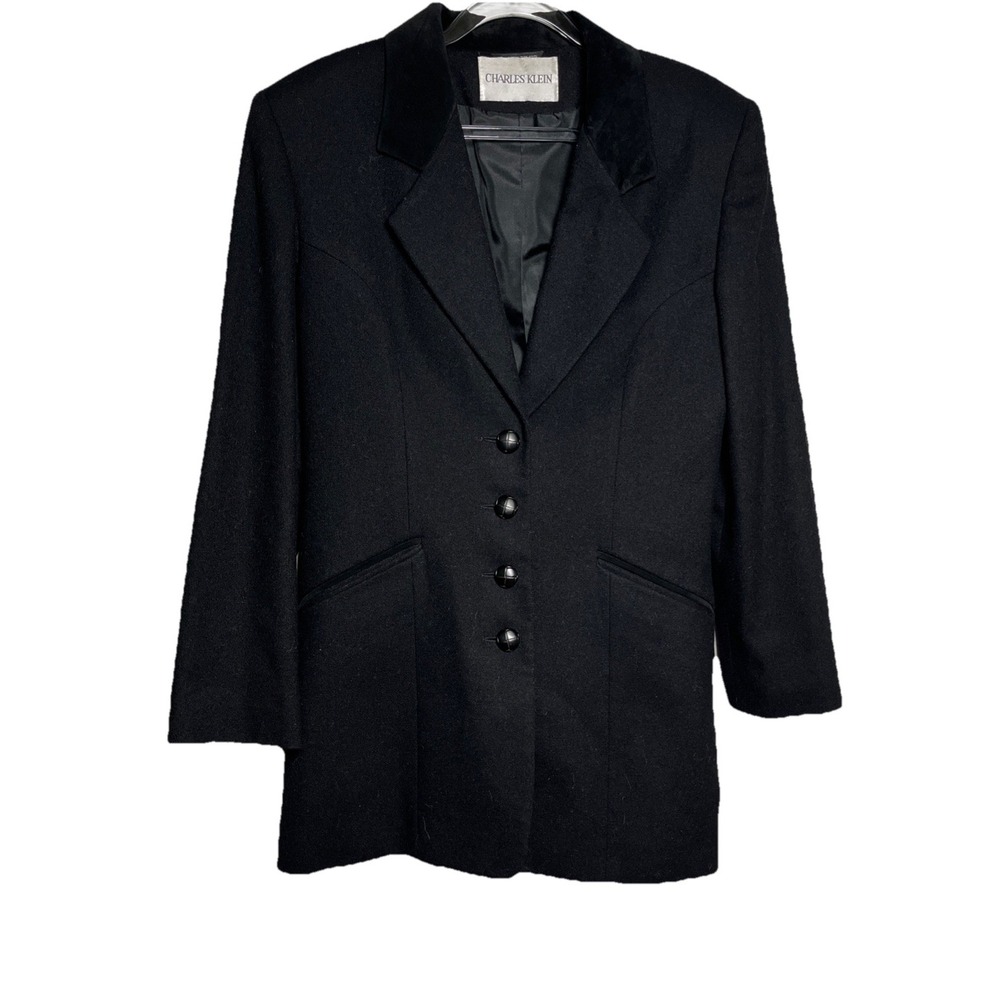 Vintage Charles Klein Womens Size 6 Black Wool Blazer Suede Collar Elbow Patches